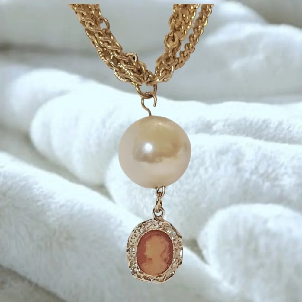 Gold Tone Multilayer Necklace with Faux Pearl and Small Cameo